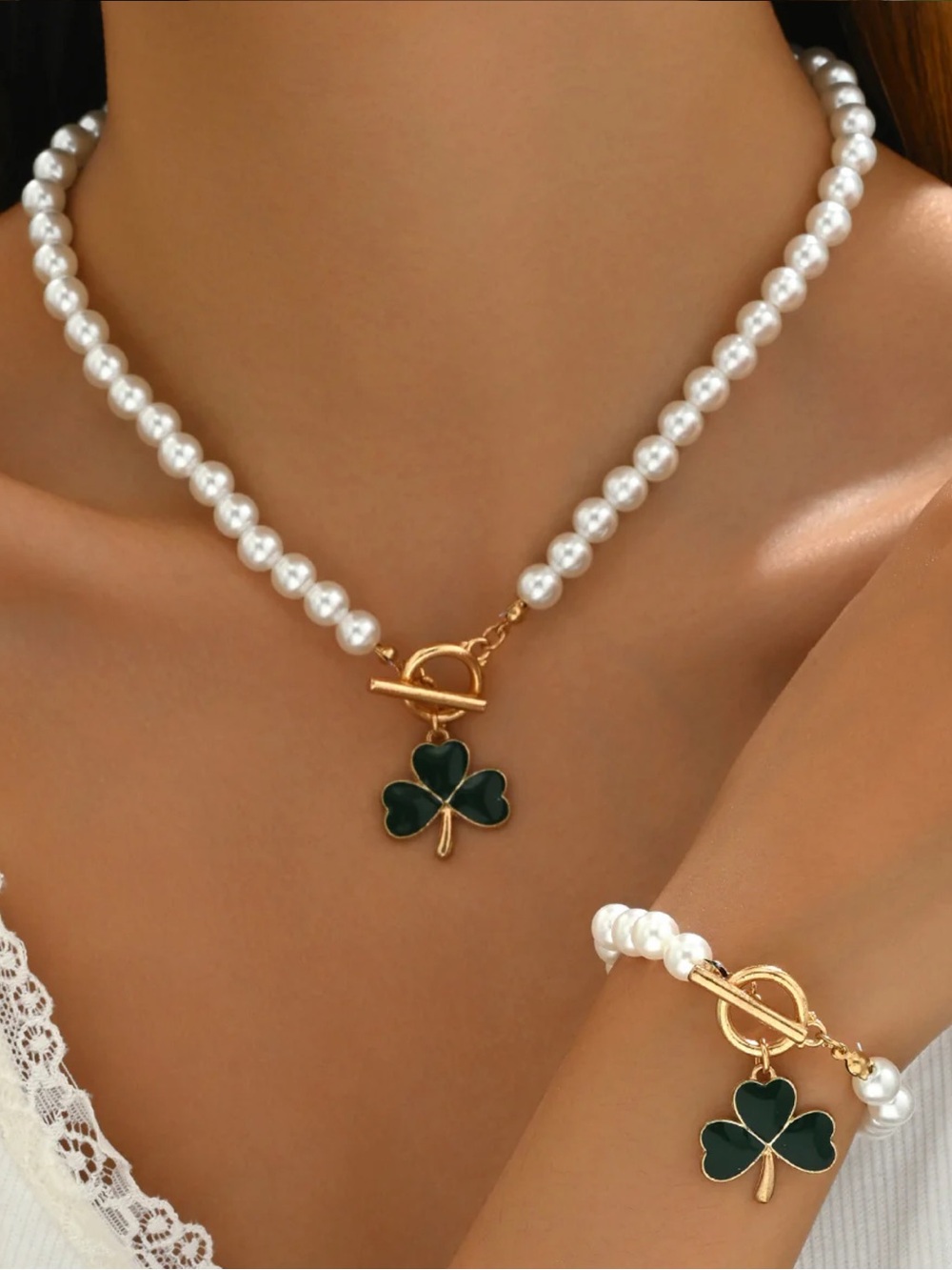 Pearl Bead Necklace & Bracelet Set with Green Clover Charm - NWOT